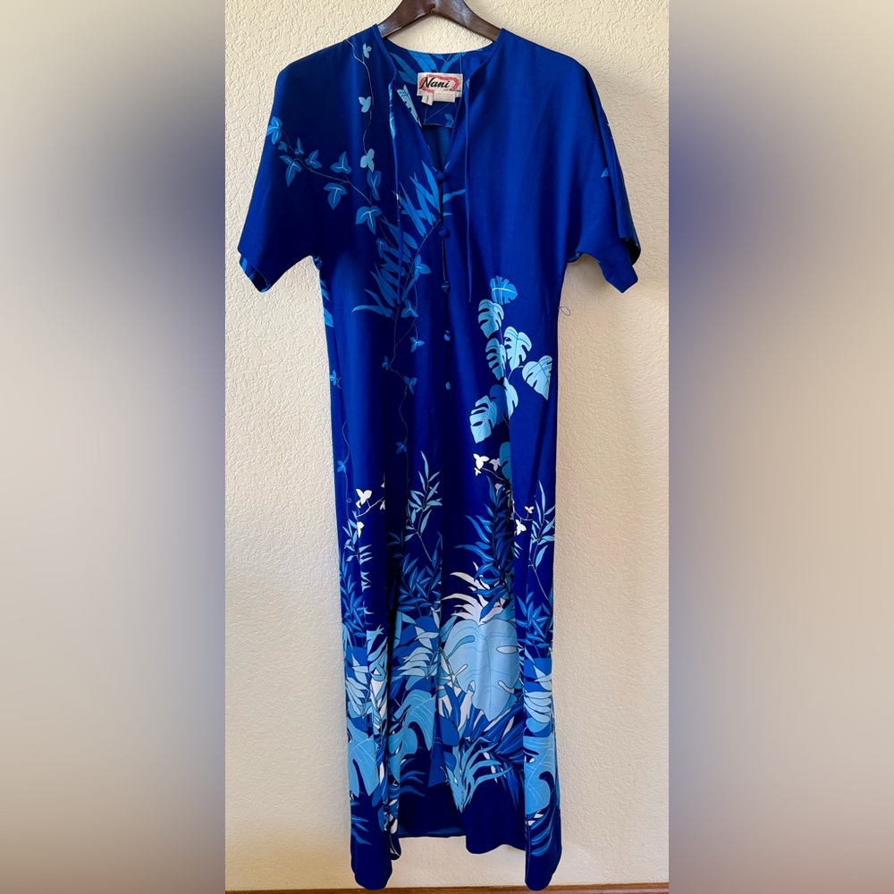 VTG NANI of Hawaii Liberty House Blue S/S Floral Dress Caftan Mumu SZ 14 M